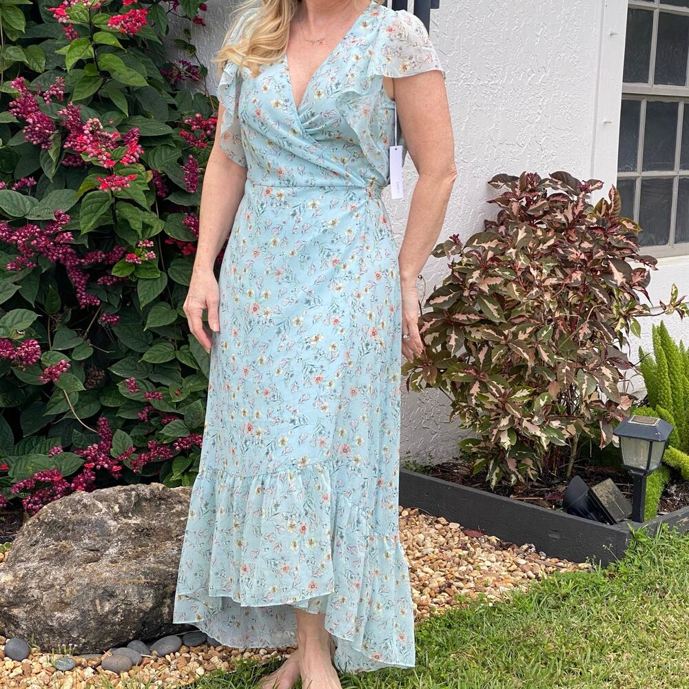 DREW Maggie Blue Wrap Dress Sz L Floral Ruffles Flounce Spring Cottagecore NWT